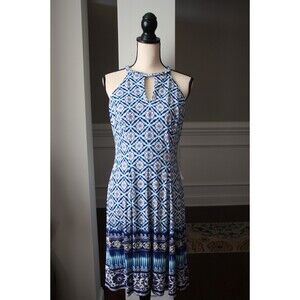 Maggy London Fit/Flare Dress w/Braided Neck Shades of Blue Sz 8